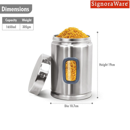 Signoraware 1650ML Modular Stainless Steel Deluxe Window Round Container | Airtight & Leakproof | Durable | Kitchen & Pantry Storage | Space Saving | Ideal for Dry Fruits & Snacks Storage (Steel)