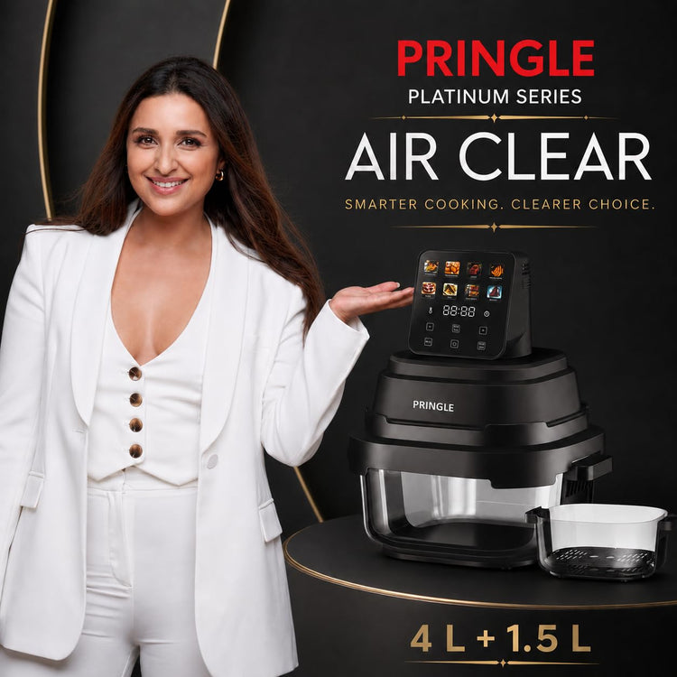 Pringle AirClear Glass Air Fryer 5.5L | Dual Bowl | 1500W | 8 Cooking Modes, 5.5 L total capacity with 4 L + 1.5 L glass bowls for flexible cooking and serving