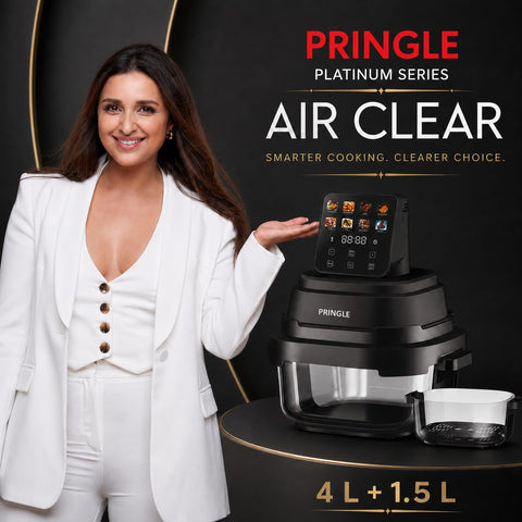 Pringle AirClear Glass Air Fryer 5.5L | Dual Bowl | 1500W | 8 Cooking Modes, 5.5 L total capacity with 4 L + 1.5 L glass bowls for flexible cooking and serving
