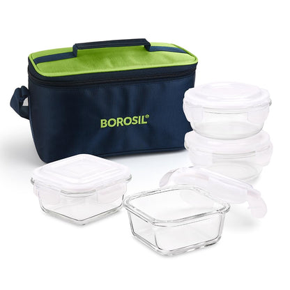 Borosil Universal Lunchbox | Set of 4 (320ml x 2 Square + 240ml x 2 Round), Borosilicate Glass | Microwave & Dishwasher Safe, Leakproof | Tiffin for Office/School/College | Transparent (Alfa Green)