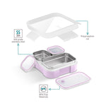 VAYA TYDBYT Stainless Steel Tiffin Box for Men, Kids Girls,1 Large & 2 Small Compartments, Bento Lunch Box, Smart Portions for Balanced Meals, Lilac Love