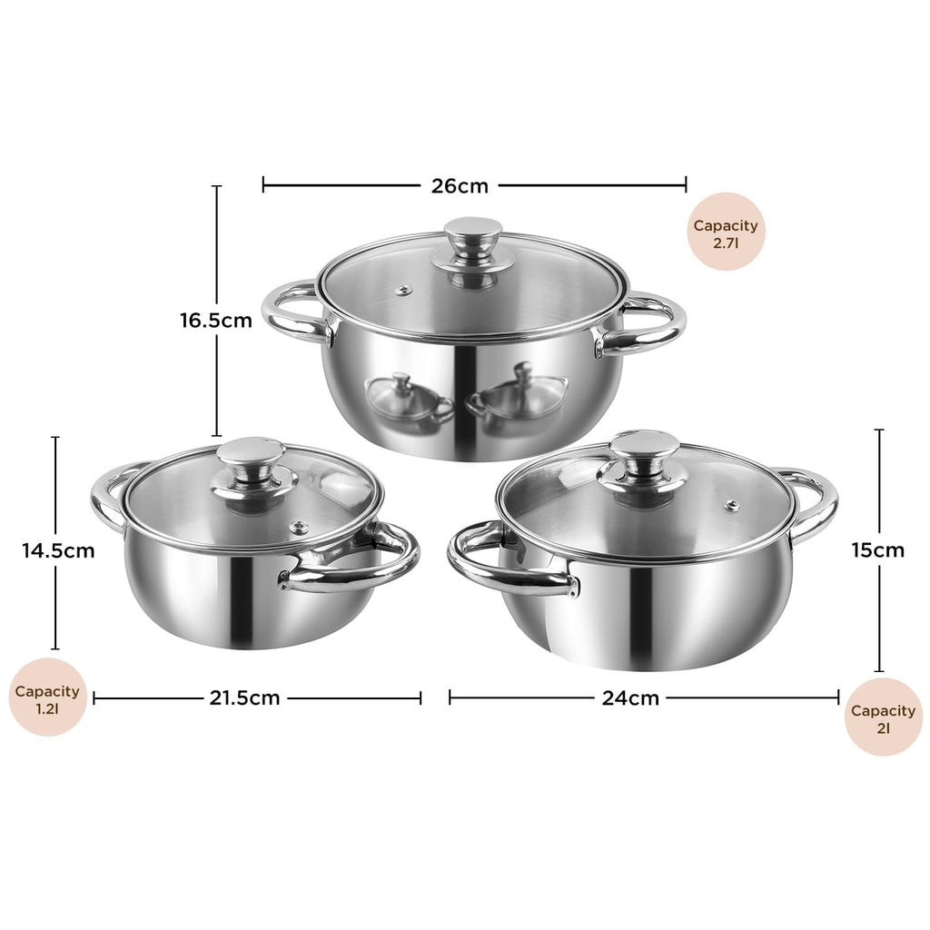 Vinod Mainz Stainless Steel Cookware Set of 3 | 1.2, 2 and 2.7 Litre Saucepot with Glass Lid | SAS Bottom | Biryani Pot | Induction and Gas Base | 2 Year Warranty - Silver