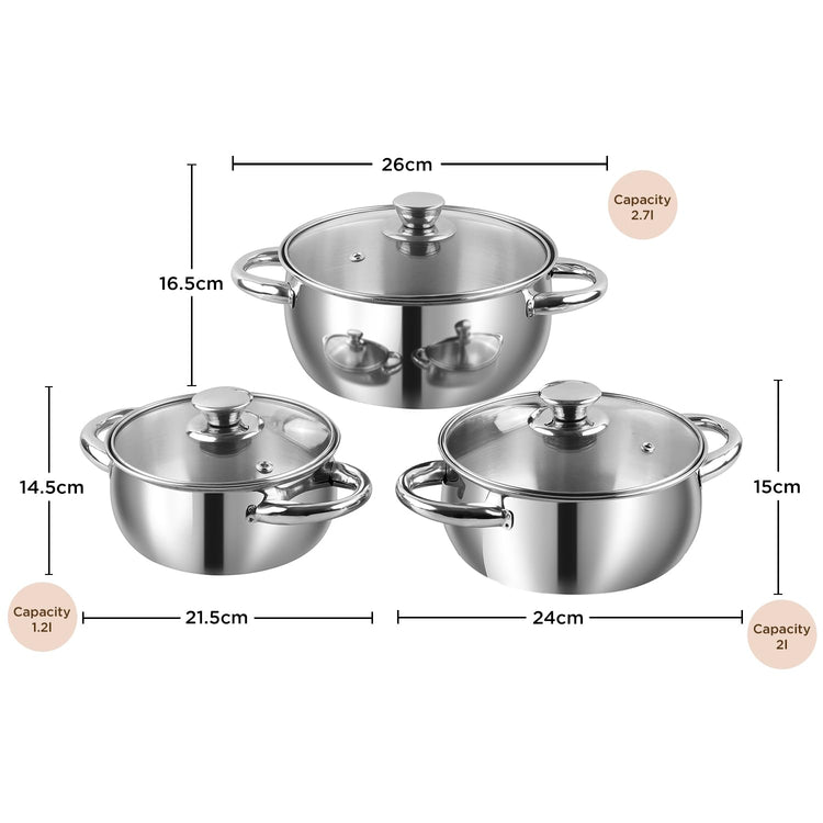 Vinod Mainz Stainless Steel Cookware Set of 3 | 1.2, 2 and 2.7 Litre Saucepot with Glass Lid | SAS Bottom | Biryani Pot | Induction and Gas Base | 2 Year Warranty - Silver