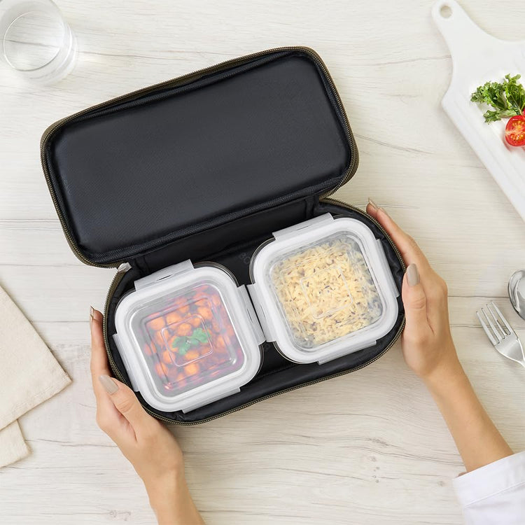 Borosil Eateasy Borosilicate Glass Lunchbox with Bag | 2 pc Square Container Set (320 ml Each) | Microwave & Dishwasher Safe, Leakproof | Tiffin for Office, School, College | Transparent, Horizontal