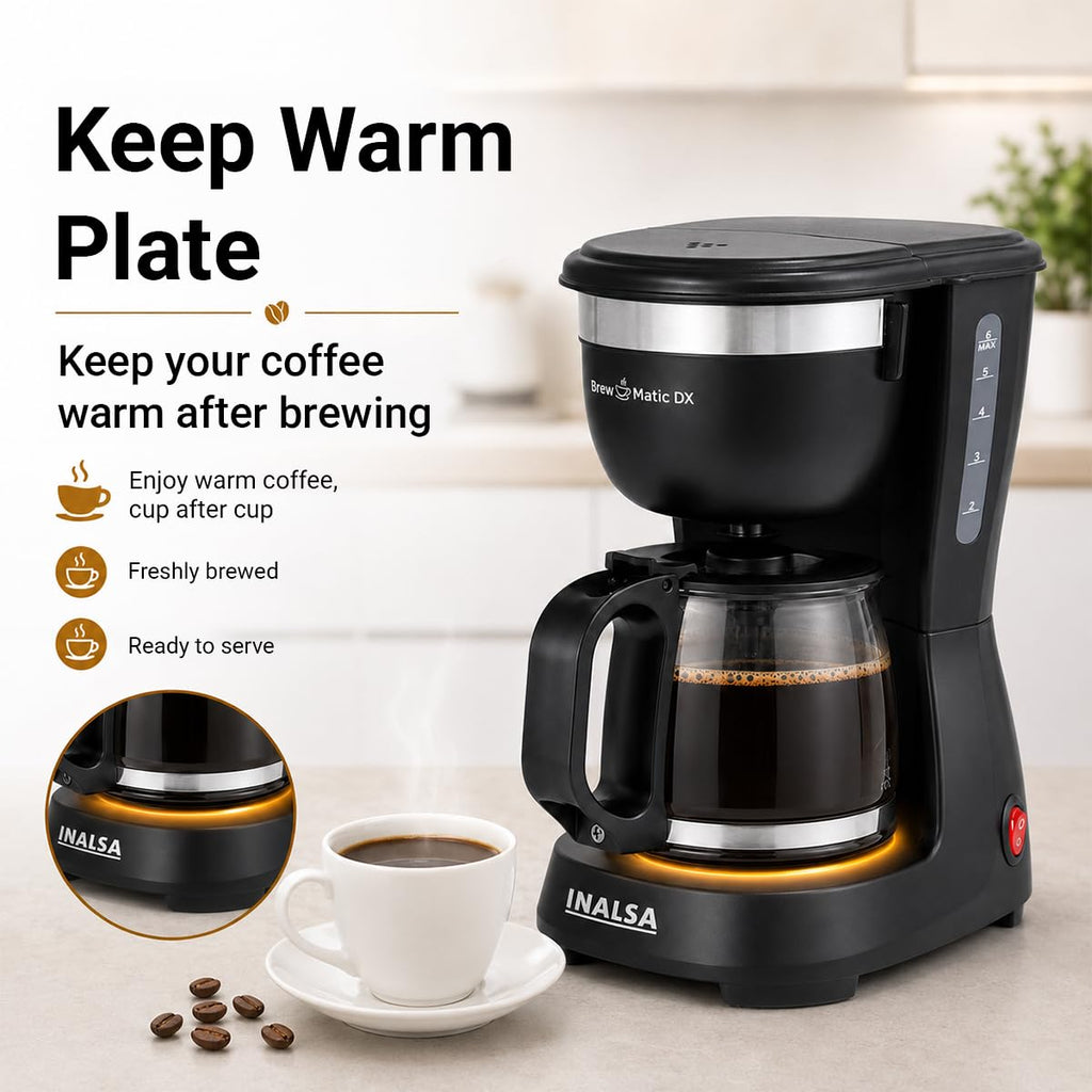 INALSA 6 Cups 650-Watt Coffee Maker with Anti Drip & Keep Warm Function|Overheat Protection|See Through 680 ML Carafe|630 ML Water Tank Capacity|Reusable Coffee Filter(Brew Matic DX)