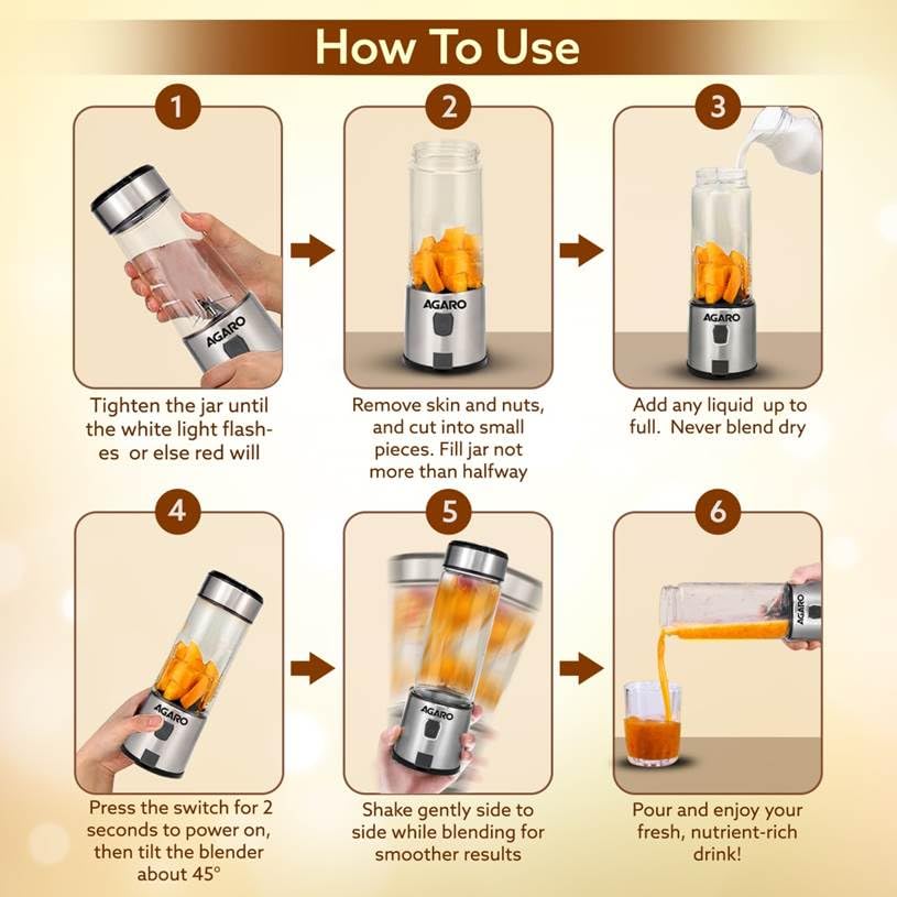 AGARO Galaxy Portable Blender for Smoothie & Milk Shakes, 450ml, USB Type C Rechargeable, 3000 mAh Battery, Mini Personal Blender for Home, Office, Gym, Travel. 126W, Stainless Steel Blade