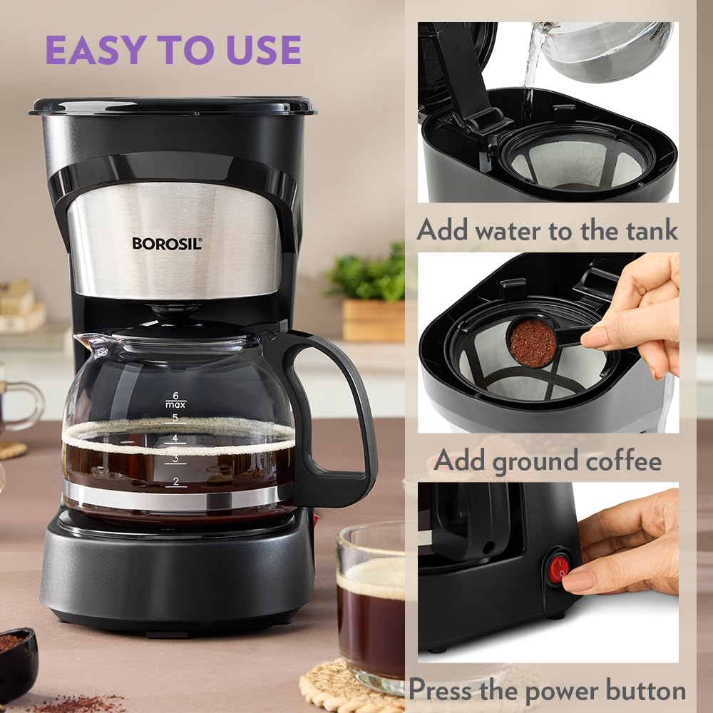 Borosil Brew Pro Drip Coffee Machine with Borosilicate Glass Carafe (600 ml) | 550W Coffeemaker | 6 Cups Capacity | Anti-Drip Function, Auto Shutoff, Keep Warm Plate | 2 Years Warranty | Black