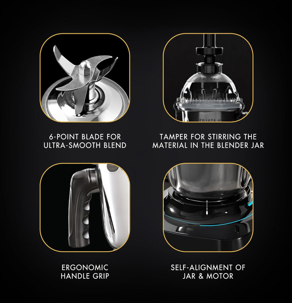Sujata MG02 Mixer Grinder|1000 Watts Double Ball Bearing Motor|25000 RPM|Non-Stop 90 Mins Running|3 Food Grade Steel Jars including 1500ml Multipurpose, 1000ml Grinder, 500ml Chutney Jar| (Black)