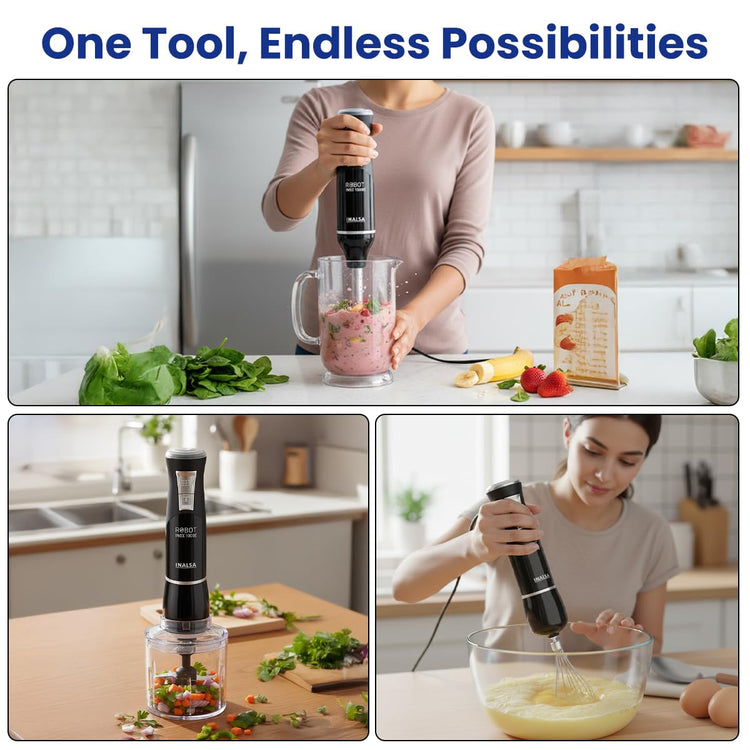 INALSA Hand Blender 1000 Watts with Chopper, Whisker| Variable Speed & Turbo Speed Function|100% Copper Motor|0.6Liter|Low Noise |Anti-Splash Technology|Home&kitchen|2 Year Warranty (Robot Inox 1000E)