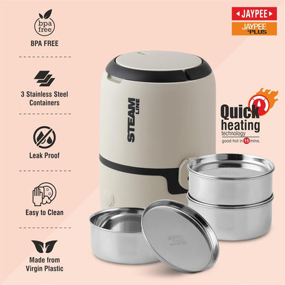 Jaypee Plus Steamline Electric Lunch Box Stainless Steel containers 300X3 ml with Bag, Power Cord & Measuring Cup Lunch Box for Offfice Reheat Food in 15 Minute Auto Cut steam Technology,Beige