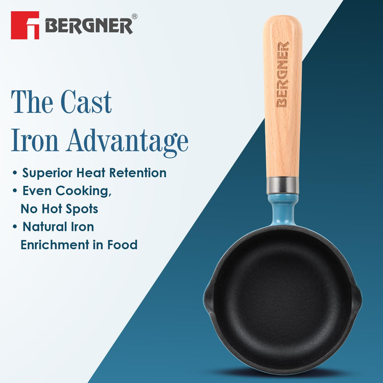 BERGNER Excalibur Lightweight Cast Iron Tadka Pan with Lid 12cm, Non-Stick Vaghar Pan, PFAS Free, Perfect Heat Distribution, Elegant Design, Silicone Grips - Induction and Gas Stove Ready (Blue)