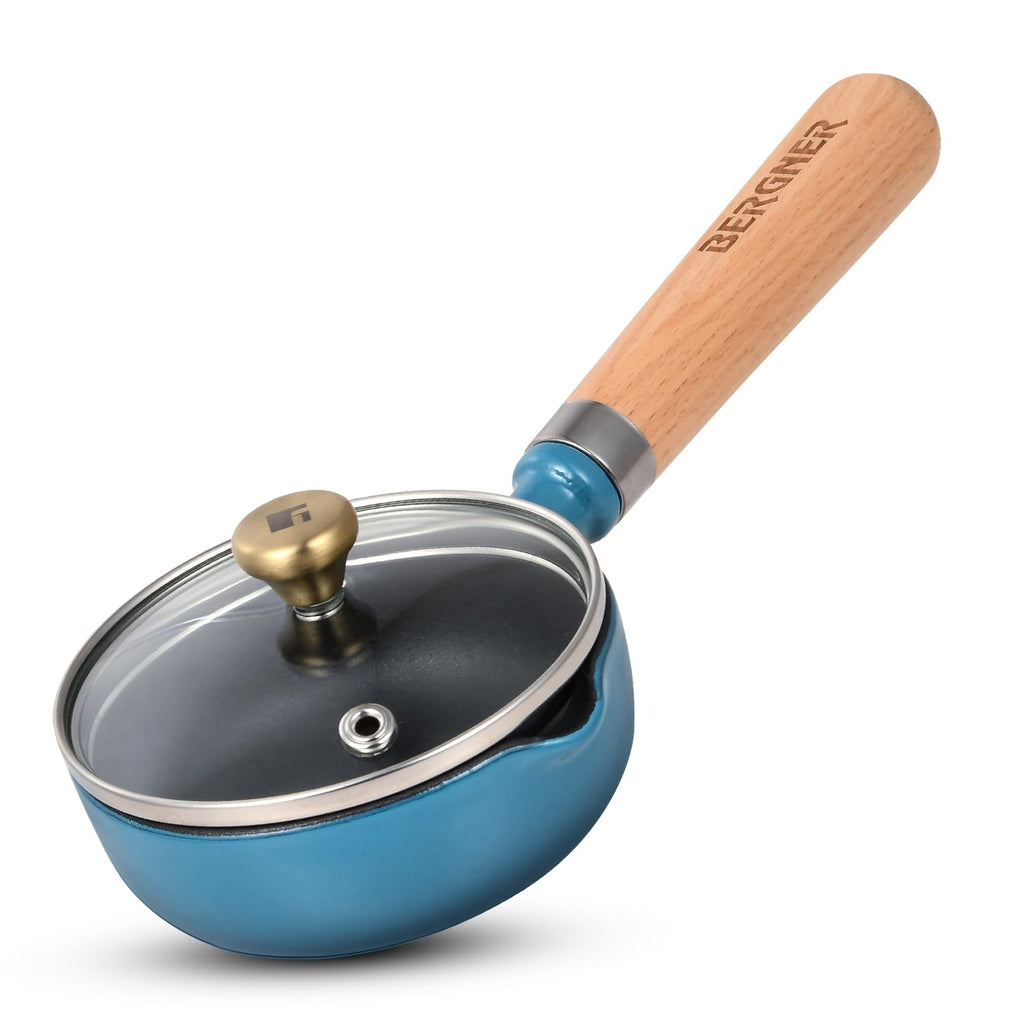 BERGNER Excalibur Lightweight Cast Iron Tadka Pan with Lid 12cm, Non-Stick Vaghar Pan, PFAS Free, Perfect Heat Distribution, Elegant Design, Silicone Grips - Induction and Gas Stove Ready (Blue)