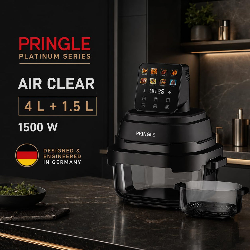 Pringle AirClear Glass Air Fryer 5.5L | Dual Bowl | 1500W | 8 Cooking Modes, 5.5 L total capacity with 4 L + 1.5 L glass bowls for flexible cooking and serving