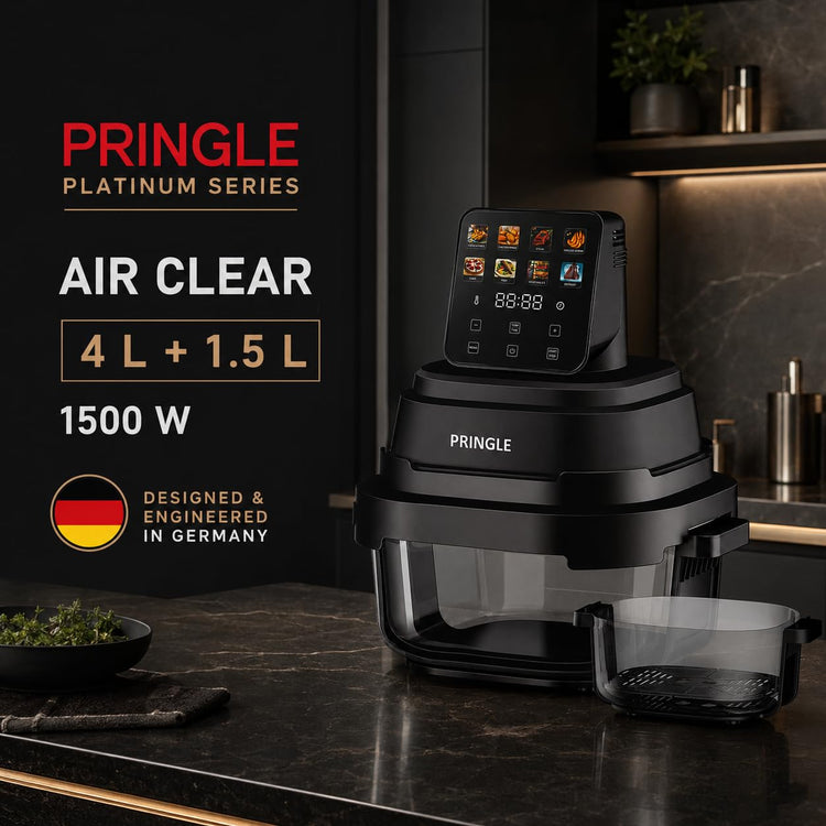 Pringle AirClear Glass Air Fryer 5.5L | Dual Bowl | 1500W | 8 Cooking Modes, 5.5 L total capacity with 4 L + 1.5 L glass bowls for flexible cooking and serving