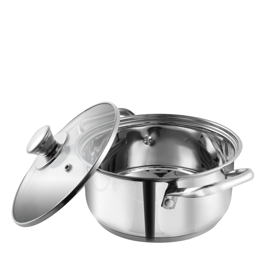 Vinod Roma Saucepot Stainless Steel Set of 2 with Glass Lid | 1.1 and 1.5 Litre | Biryani Pot | Sandwich Bottom | Rivetted Handle| Induction & Gas Base | 2 Year Warranty