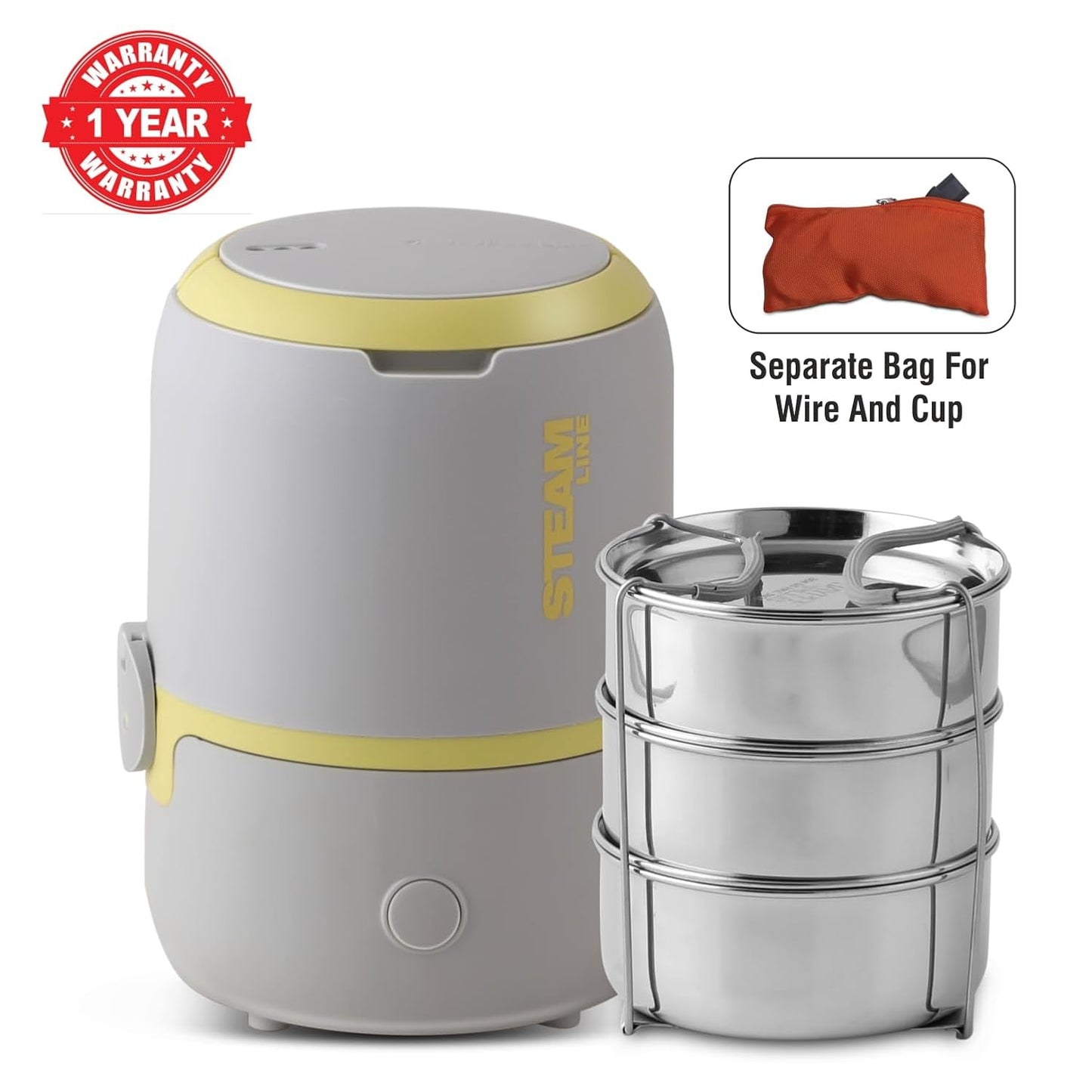 Jaypee Plus Steamline Electric Lunch Box Stainless Steel containers 300X3 ml with Bag, Power Cord & Measuring Cup Lunch Box for Offfice Reheat Food in 15 Minute Auto Cut steam Technology,Grey Yellow