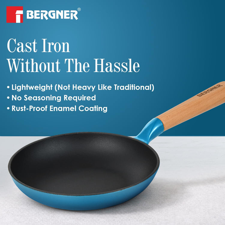 BERGNER Excalibur Lightweight Cast Iron Frypan 18cm, Sturdy Wooden Handle, Non-Stick Coating, PFAS Free, Perfect Heat Distribution, Elegant Design - Induction and Gas Stove Ready (Blue)