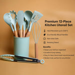 12 Pcs Silicone Kitchen Tool Set with Wooden Handles | Non Stick Cookware Safe Cooking Utensils with Storage Holder | Kitchen Accessories Set for Cooking & Baking (Green)