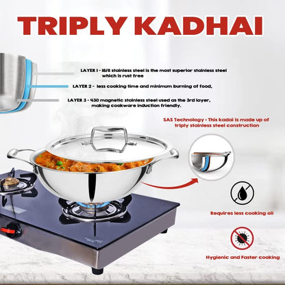 Devidayal Triply Stainless Steel Kadhai with 5 Year Warranty, (18cm | 1.2 LTRS | Silver |Stainless Steel |Induction and Dishwaser Comptible | Easy to Cook), Comes with Lid