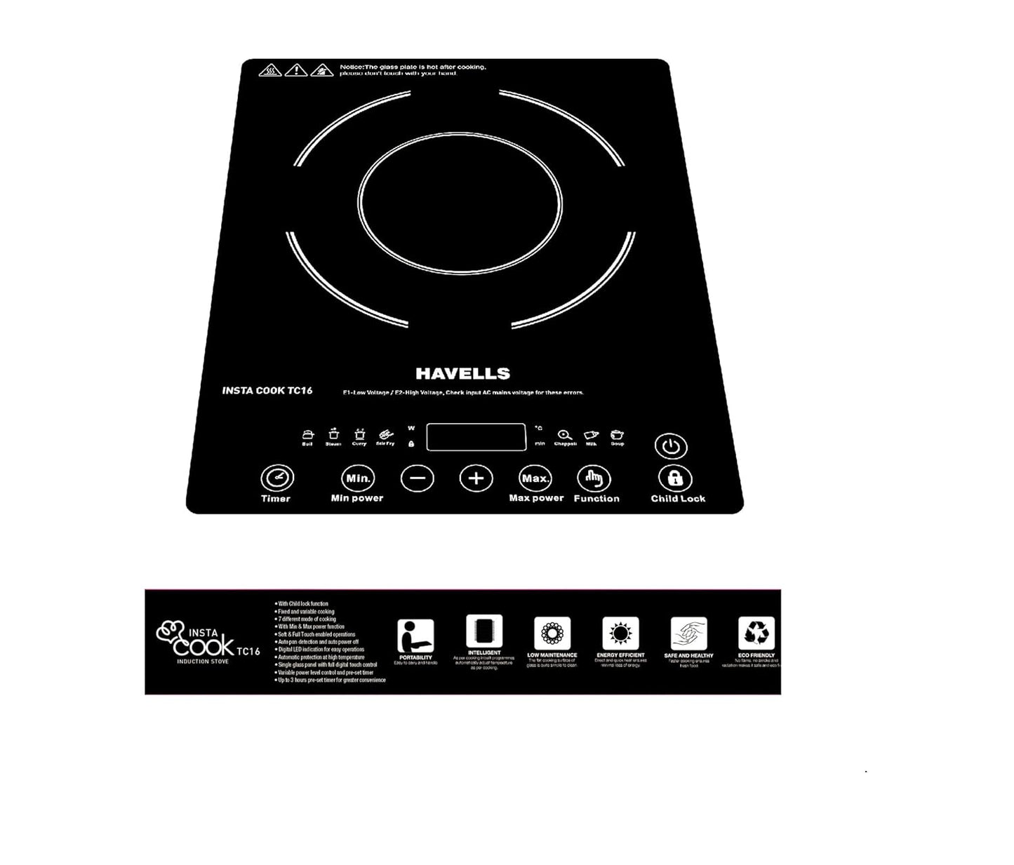 Havells Insta Cook TC 16 Energy Efficent Induction (Electric Stove) | 1600 W | 3 Year Coil Warranty & 1 Year Product Warranty | with 7 Cooking Options| Auto Pan Detection Sensor (Black)