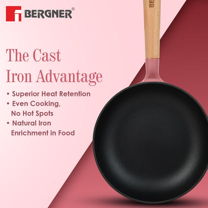 BERGNER Excalibur Lightweight Cast Iron Frypan 18cm, Sturdy Wooden Handle, Non-Stick Coating, PFAS Free, Perfect Heat Distribution, Elegant Design - Induction and Gas Stove Ready (Pink)