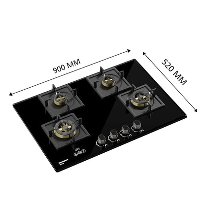 Crompton Optime 90 cm 4 Burners Built-in Glass HOB with Digital Timer, Full Brass Burners & 3D Flame Technology (HOB-OPFB905TI-MBL, Midnight Black)
