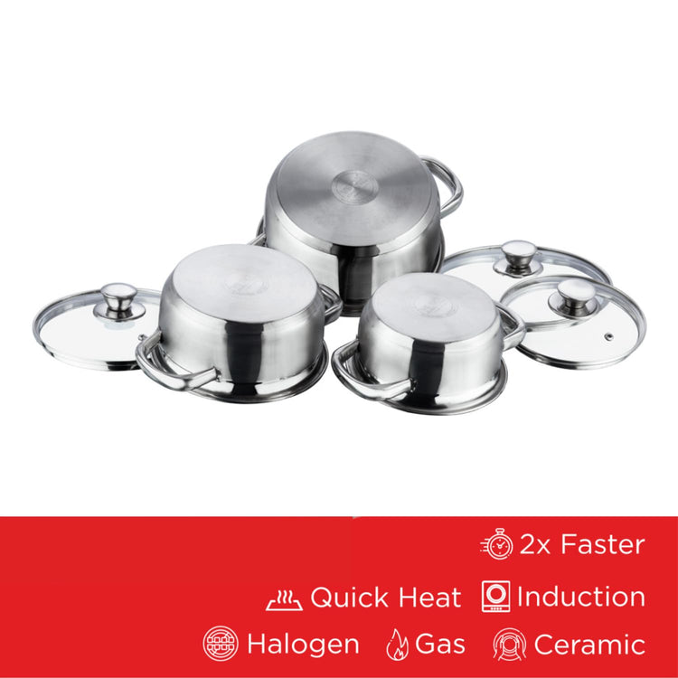 Vinod Bremen Stainless Steel Saucepot Set of 3 with Glass Lids | 2.5 mm Heavy Bottom | for Soups, Curries, Rice & Pasta | Riveted Handles | Induction & Gas Compatible | 2 Yr Warranty – Silver