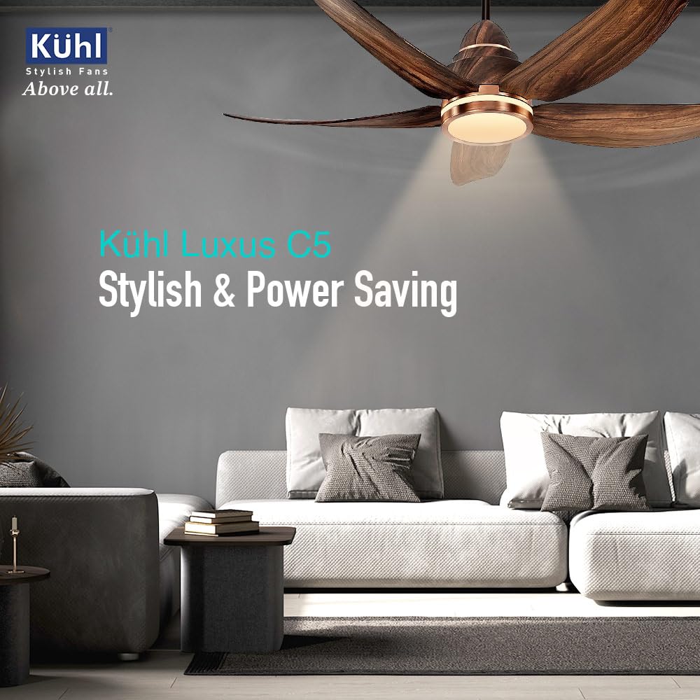 KUHL Luxus C5 1320mm Stylish 65% Power Saving BLDC Ceiling Fan with Remote | Night & Down Light | 29W | 5 Star | Low Noise | IoT –Operate via Mobile & Alexa | Reverse Mode | Free Installation | Teak