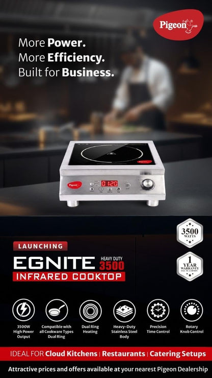 Pigeon Egnite Heavy Duty Commercial Infrared Cooktop 3500W || For Commercial, Stainless Steel Body, Dual Ring Heating, Rotary Knob Control, and Timer