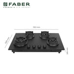 Faber Della 4 Burner 72cm Hob |Auto-Ignition|Brass Burner| Cast Iron Pan Support |Hob/Cooktop Hybrid| Matt Black Glass Finish |5 Yrs Warranty on Glass & Valve | 5 Yrs on Burner|Hob Della HD724 CI AI