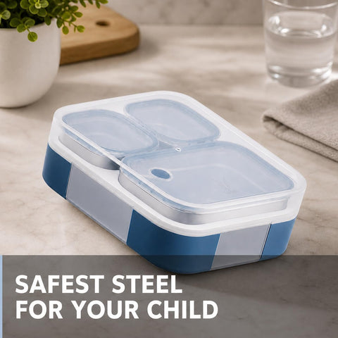 VAYA TYDBYT Stainless Steel Tiffin Box for Men, Kids Girls,1 Large & 2 Small Compartments, Bento Lunch Box, Smart Portions for Balanced Meals, Blue