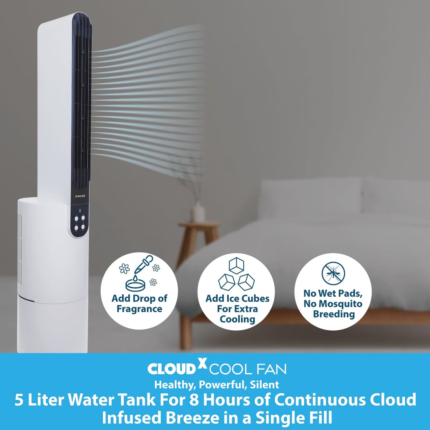 SINGER Cloudx Fan | Provides Cloud Infused Breeze | Quiet Mode Option | Powerful Airflow | Anti-Microbial Mesh Filter | Point Anywhere Remote | Portable | 3 Speed | 2 Yrs Warranty,