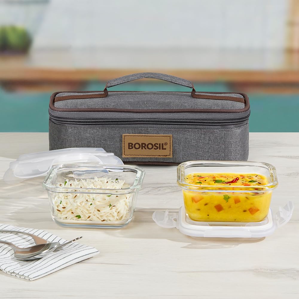 Borosil Pro Borosilicate Glass Lunchbox with Bag | 2 pc Square Container Set (320 ml Each) | Microwave & Dishwasher Safe, Leakproof | Tiffin for Office, School, College | Transparent, Horizontal