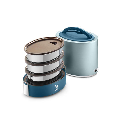 VAYA TYFFYN Lunch Box for Office for Men, with Polished Stainless Steel Containers,1000ml Vacuum Insulated Hot Lunch Box Without BagMat, Leakproof Hot Tiffin Box with 3 Compartments, Blue