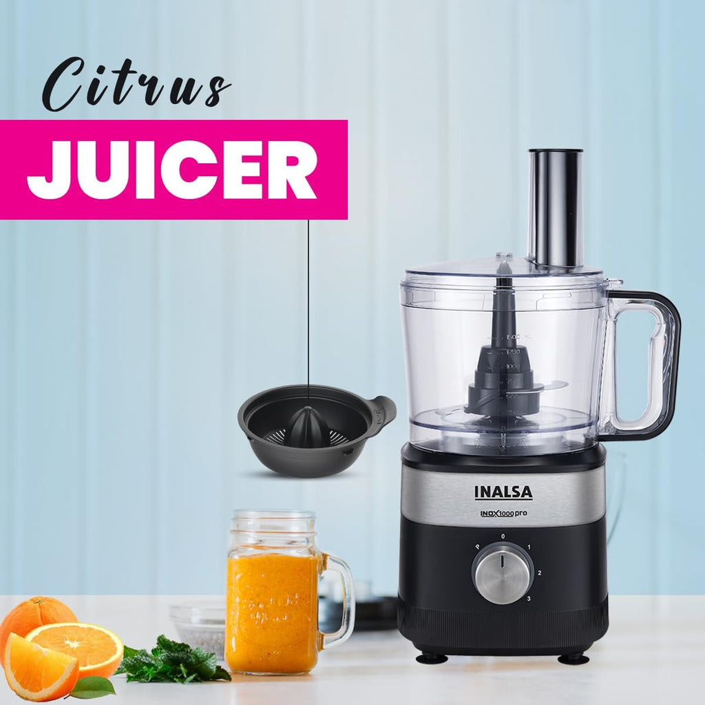 INALSA Food Processor For Kitchen With Mixer Grinder Juicer|1000 W Copper Motor|2.5L Processing Jar|Chopping,Kneading Blade|Citrus Juicer|Shredding,Slicing,Whisker&French Fries Cutter (Inox 1000 Pro)