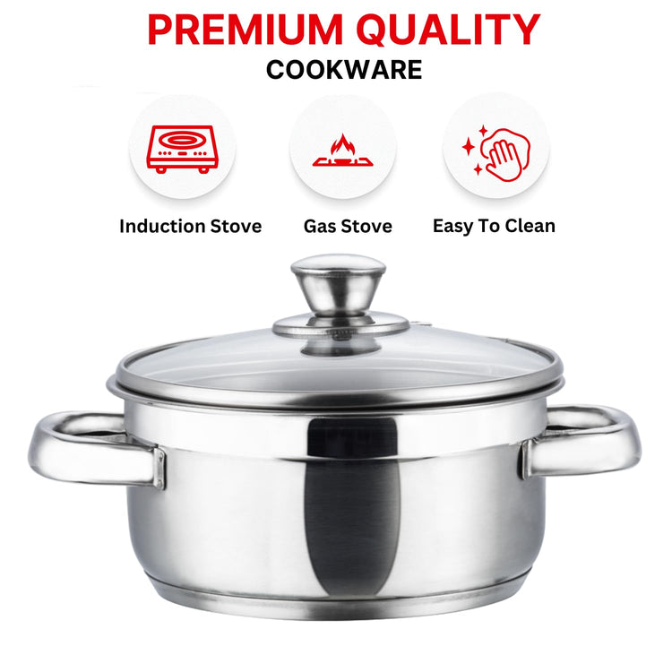 Vinod Bremen Stainless Steel Saucepot Set of 3 with Glass Lids | 2.5 mm Heavy Bottom | for Soups, Curries, Rice & Pasta | Riveted Handles | Induction & Gas Compatible | 2 Yr Warranty – Silver