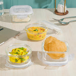 Borosil Eateasy Universal Borosilicate Glass Lunchbox with Bag | Set of 4 (320ml x 2 Square + 240ml x 2 Round) | Microwave & Dishwasher Safe, Leakproof | Tiffin for Office, School | Transparent