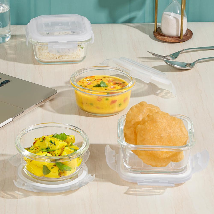 Borosil Eateasy Universal Borosilicate Glass Lunchbox with Bag | Set of 4 (320ml x 2 Square + 240ml x 2 Round) | Microwave & Dishwasher Safe, Leakproof | Tiffin for Office, School | Transparent