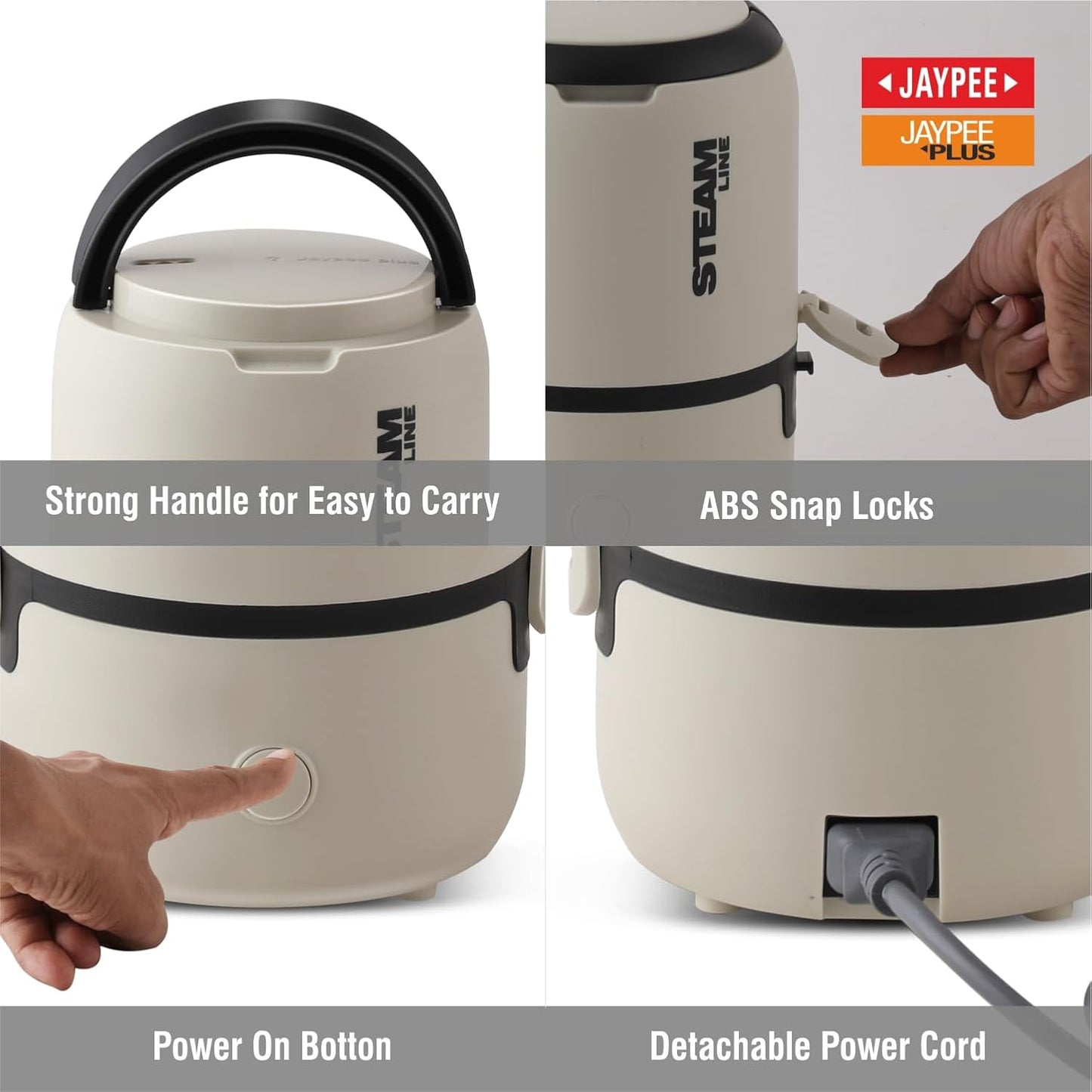 Jaypee Plus Steamline Electric Lunch Box Stainless Steel containers 300X3 ml with Bag, Power Cord & Measuring Cup Lunch Box for Offfice Reheat Food in 15 Minute Auto Cut steam Technology,Beige