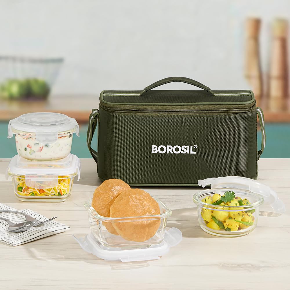 Borosil Eateasy Universal Borosilicate Glass Lunchbox with Bag | Set of 4 (320ml x 2 Square + 240ml x 2 Round) | Microwave & Dishwasher Safe, Leakproof | Tiffin for Office, School | Transparent