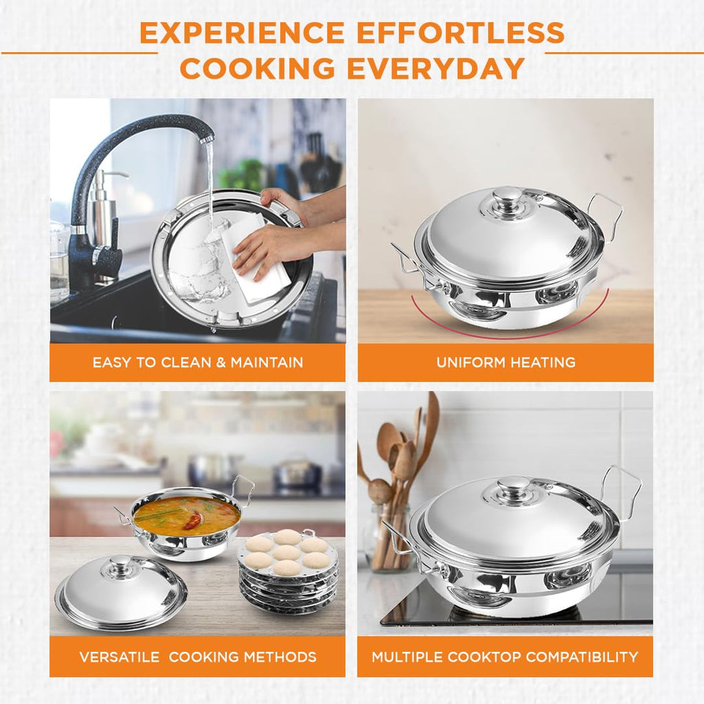 Kraft Stainless Steel Multi Kadai/Idli Maker | 5 L, 28 cm, 6 Plates | 2 Idli, 2 Dhokla, 1 Patra & Mini Idli | Induction & Gas Compatible Momo/Modak Pot | 6 in 1 Multipurpose steamer for cooking