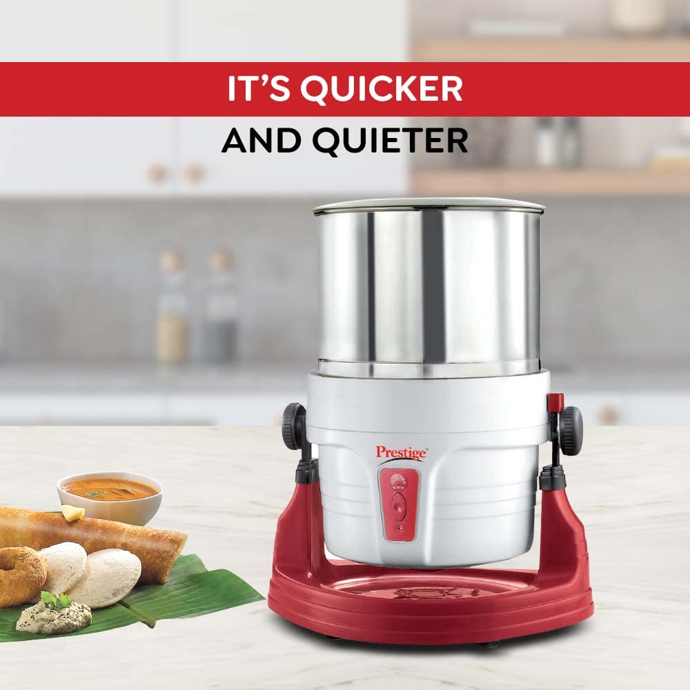 Prestige Wet Grinder PWG 01 Wet Grinder, 2 L (White/ Red) with Tilting Drum, Cocunut Scraper and Atta Kneader Attachment, 200W