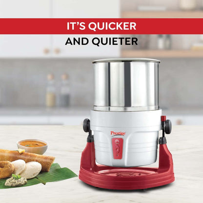 Prestige Wet Grinder PWG 01 Wet Grinder, 2 L (White/ Red) with Tilting Drum, Cocunut Scraper and Atta Kneader Attachment, 200W