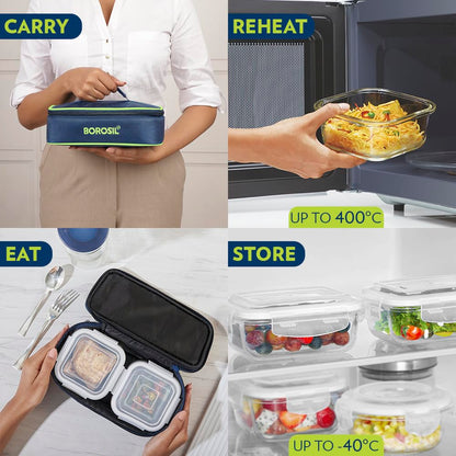 Borosil Klip n Store Lunchbox with Bag | Set of 2 Square Container (320ml Each) | Made in India Borosilicate Glass | Microwave & Dishwasher Safe | Tiffin for Office/School/College | Horizontal