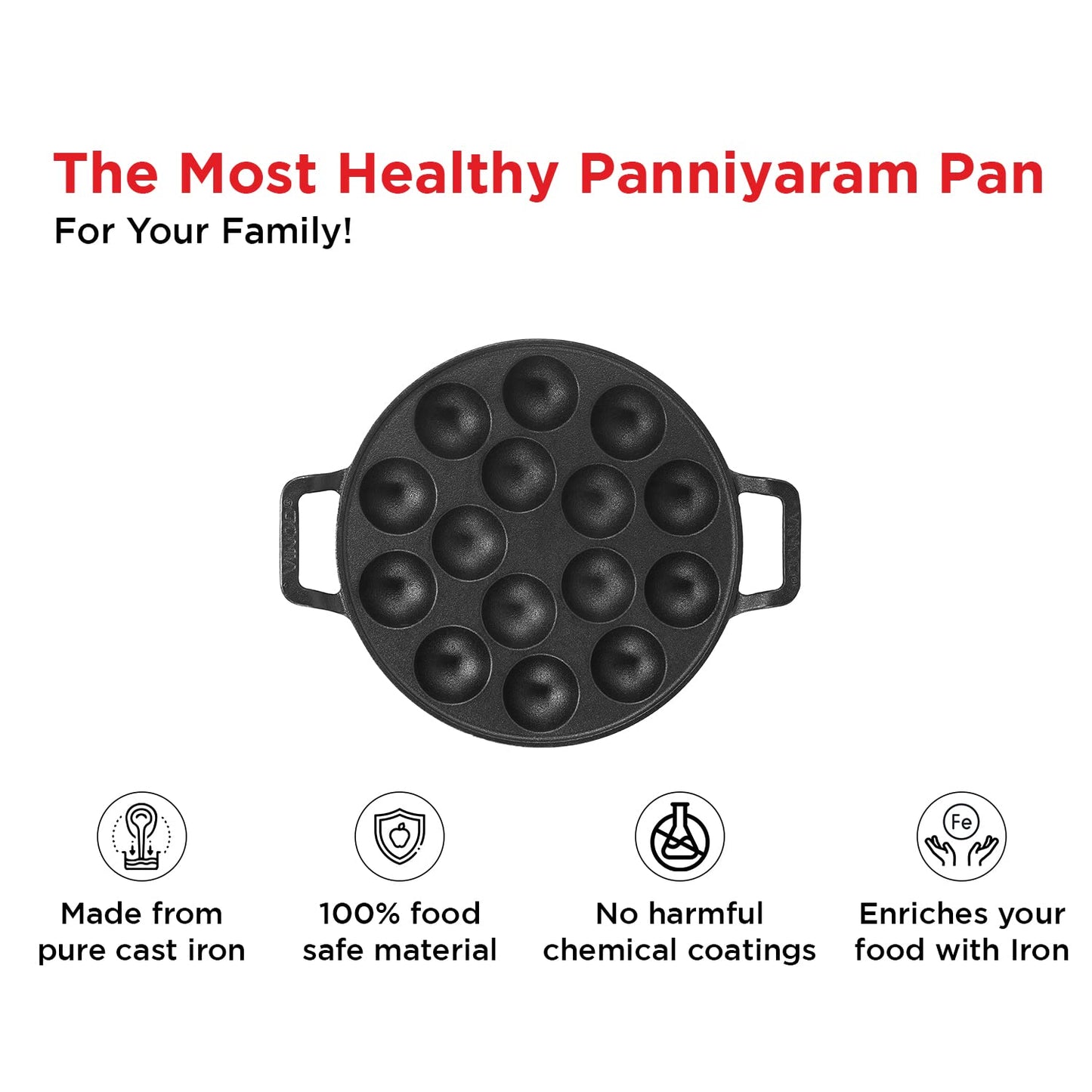 Vinod Legacy Cast Iron Paniyarakkal Pan-15 Cups,25cm | Pre-Seasoned, Heavy-Duty Appam Patra | Naturally Non-Stick, Durable & Even Heating | Ideal for Paniyaram, Paddu, Kuzhi Paniyaram | Gas Stove Safe