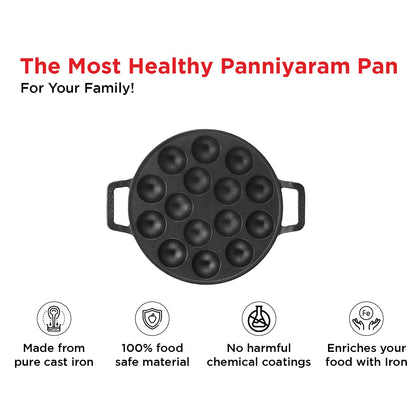 Vinod Legacy Cast Iron Paniyarakkal Pan-15 Cups,25cm | Pre-Seasoned, Heavy-Duty Appam Patra | Naturally Non-Stick, Durable & Even Heating | Ideal for Paniyaram, Paddu, Kuzhi Paniyaram | Gas Stove Safe