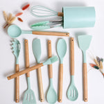 12 Pcs Silicone Kitchen Tool Set with Wooden Handles | Non Stick Cookware Safe Cooking Utensils with Storage Holder | Kitchen Accessories Set for Cooking & Baking (Green)