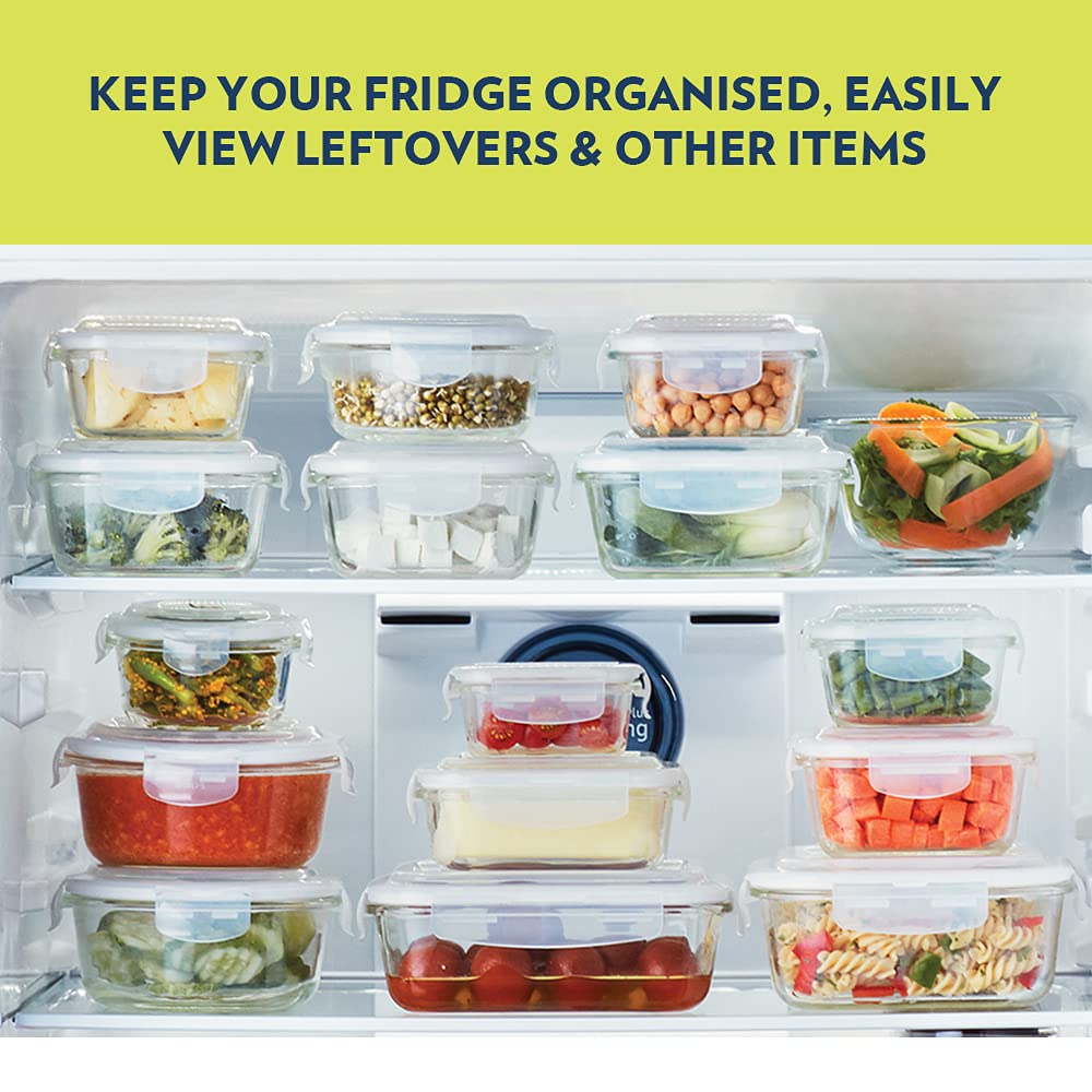 Borosil Klip N Store 320ml Round Glass Food Storage Container with Air Tight Lid | Borosilicate Glass Container for Lunchbox | Microwave & Oven Safe | Transparent
