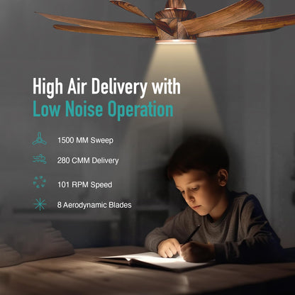 KUHL Platin D8 1500 mm Stylish 65% Power Saving BLDC Ceiling Fan With Remote | Down Light | 38W | 5 Star | Low Noise | Iot -Operate Via Mobile & Alexa | Reverse Mode | Free Installation | Teak