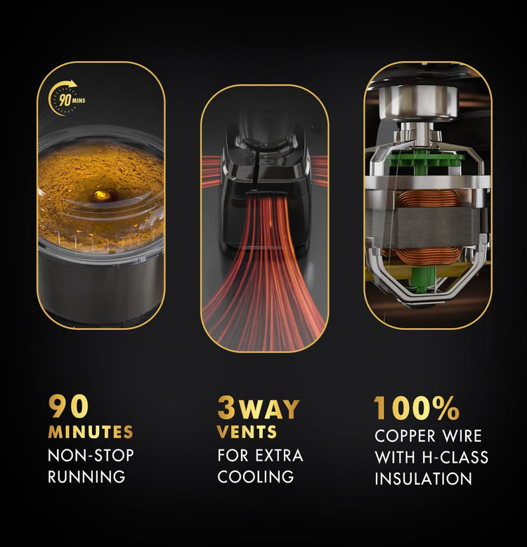 Sujata MG02 Mixer Grinder|1000 Watts Double Ball Bearing Motor|25000 RPM|Non-Stop 90 Mins Running|3 Food Grade Steel Jars including 1500ml Multipurpose, 1000ml Grinder, 500ml Chutney Jar| (Black)